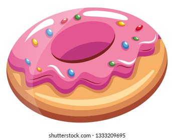 A Donut with pink icing and different colored germs sprinkled all over, vector, color drawing or illustration.