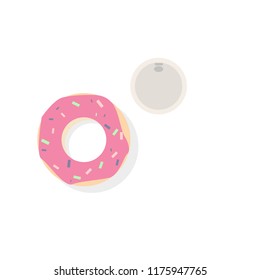 Donut with pink icing with a glass of coffee on a white background.