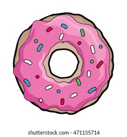 Donut with pink icing. Logo for cafes, restaurants, coffee shops, catering. Design element for menu, booklet, banner, website. Vector illustration.