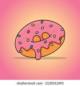  Donut with pink icing in modern flat outline style. Cartoon doughnut icon or label for logo and cafe menu. Banner design.