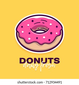 Donut With Pink Icing In Modern Flat Outline Style And Slogan Daily Fresh. Cartoon Doughnut Icon Or Label For Logo And Cafe Menu. Vector Banner Design