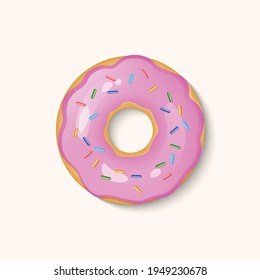 Donut with pink icing and multicolored powder isolated on a white background. 3d realistic food icon. Template modern design for invitation, poster, card, fabric. Realistic vector illustration.