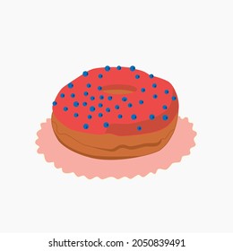 A donut with pink icing on a napkin, isolated on a white background, vector illustration.