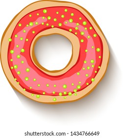 Donut with a pink icing sprinkled with grains. Realistic colorful donut on white sprinkled with grains background. Design for holiday designs, party, birthday, invitation. Vector