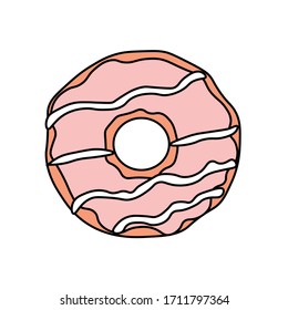 
Donut with pink icing and stripes of white chocolate. Icon, vector illustration in a flat style.