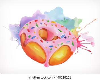 Donut with pink icing vector illustration, watercolor painting, isolated on a white background