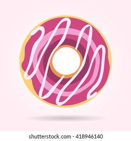 Donut - Pink Icing With White Drizzle. Flat Design Vector Illustration.