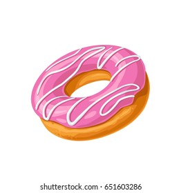 Donut with pink icing and white stripes. Vector color flat illustration for poster, label and menu bakery shop. Isolated on the white background.