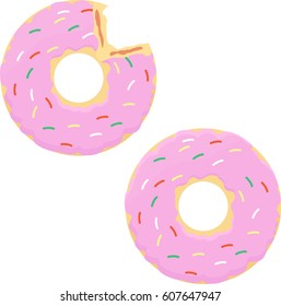 Donut with pink icing, whole and biting