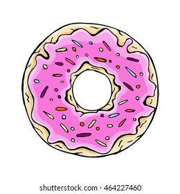 Donut pink isolated on white background. Vector illustration in a doodle style. Line art. Perfect for restaurant menu design, cafe, kitchen, web site, print on the cloth. Appetizing food image. Eps10.