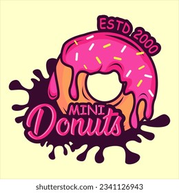 Donut rosa Erdbeerlogo Vektorgrafik eines Schreiblogos geeignet für Bäckereilogos Donut mit Schriften und kleinen Bonbons. Identität. Visitenkarten