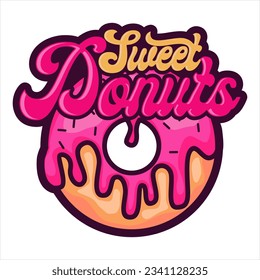 Donut pink strawberry logo vector illustration of a writing logo suitable for bakery logos Donut with lettering and small candies. Identity. Business Cards