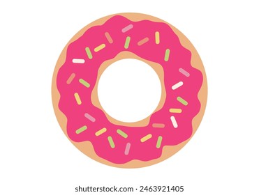 Donut with pink topping and colorful confectionery.