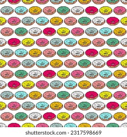 Donut pixel art pattern seamless. 8 bit food Sweetness background. pixelated Vector texture