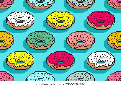 Donut pixel art pattern seamless. 8 bit food Sweetness background. pixelated Vector texture