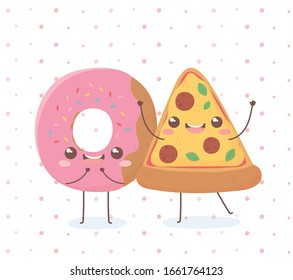 donut and pizza kawaii food cartoon character design vector illustration