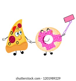 Donut and pizza makes a selfie. Made in vector.