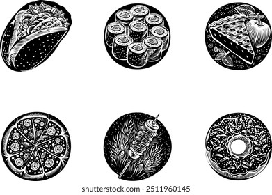 Donut, pizza, slice of apple pie, kebab on skewer, pita and maki rolls. Vector set of hand drawn round icons on transparent background