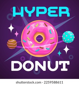 Donut planet banner. Food space illustration. Vector fast food or sweet shop advertising poster.