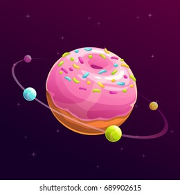 Donut Planet. Fantasy Space Illustration. Food Galaxy Concept Art.