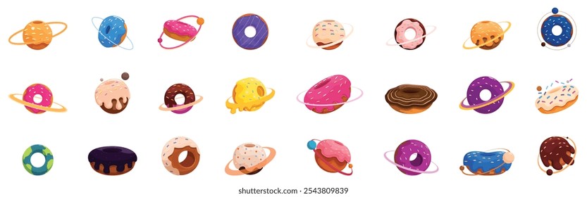 Keine Planeten-Symbole gesetzt. Set von verschiedenen Donuts mit bunten Frosting und Sprinkles, die wie Planeten kreisen, Spaß und skurriles Design