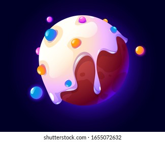 Donut planet in outer space. Vector cartoon funny art of sweet food planet, sphere with glazed cake texture in cosmos. Illustration for gui of fantasy game about tasty galaxy world