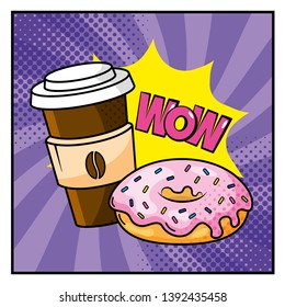donut with plastic coffee cup and wow message