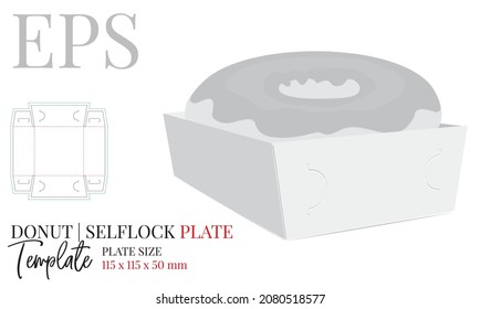 Donut plate template, Vector with die cut, laser cut layers. Delivery Box, Single Piece plate, Donut, Self Lock, Cut   Clear. White, clear, blank, isolated Open Box mock up on white background