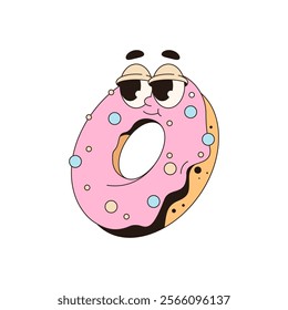 Donut pop art or doughnut funny character. Vector funny personage with face and eyes. Bake food with frosting. Comic pastry for menu or bakery sign. Poster with happy dessert for cafe. Dessert meal.