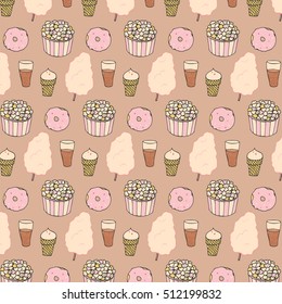 Donut popcorn ice cream lemonade vector pattern