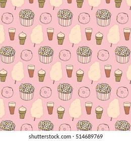 Donut popcorn ice cream lemonade vector pattern