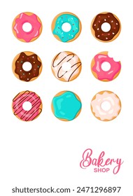 Donut Poster. Donut Bakery shop invitation design template vector illustration. Bright card with cake flat style. Happy birthday concept. Vector illustration Isolated on white background