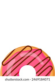 Donut poster. Dessert donut with icing and sprinkles. Sweet pastries, pink glazed donut. Good for banner or poster cafe, bakery. Copy space. Vector illustration isolated on white background