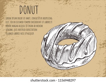 Donut poster with glazed chocolate dessert and topping. Monochrome sketch outline and editable text sample, takeaway fast food vector illustration