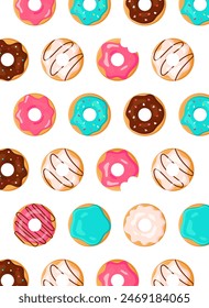 Donut poster. Set of Donuts with Chocolate, Strawberry, Vanilla and Mint Glaze. Poster, Brochure, Background, Banner, Card, Wallpaper, Pattern, Cover For Bakery. Vector illustration