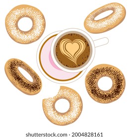 Donut with powdered sugar and cup of coffee. Set of different doughnut. Cartoon style. Vector illustration.