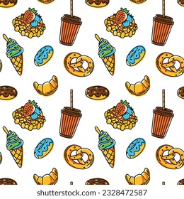 Donut, pretzel, croissants, coffee, ice cream and other sweets. Cafeteria menu. Seamless pattern.