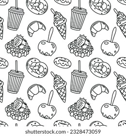 Donut, pretzel, croissants, coffee, ice cream and other sweets. Cafeteria menu. Seamless pattern.