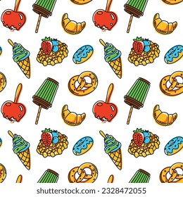 Donut, pretzel, croissants coffee and other sweets. Seamless pattern.