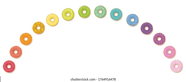 Donut rainbow. Colorful donuts in an arch. Isolated vector illustration on white background.
