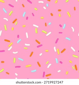Donut Regenbogen streut nahtloses Muster. Candy Sprinkle Textur rosafarbenen Hintergrund. Flache Vektorgrafik.