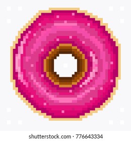 Donut with raspberry glaze on a light gray background. Pixel art.