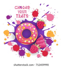 Donut Raspberry Taste Colorful Dessert Icon Choose Your Taste Cafe Poster Vector Illustration