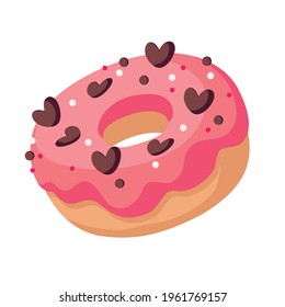 Donut with red glaze and hearts. Vector illustration on a white background.