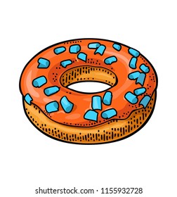 Donut with red icing and cyan sprinkles. Vector color flat illustration for poster and menu bakery shop. Isolated on black chalkboard with vintage white chalk engraving ray, lettering, bubble