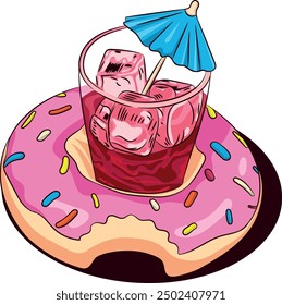 donut with refreshing drink and umbrella in creative pop art style illustration