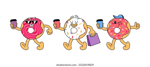 Pegatinas de dibujos animados Donut Retro. Carácter gracioso de anillos con cara de sonrisa feliz y tazón de café para panadería, cafetería, restaurante. Groovy Funky Vector Ilustración en el moderno estilo retro de caricaturas psicodélicas.