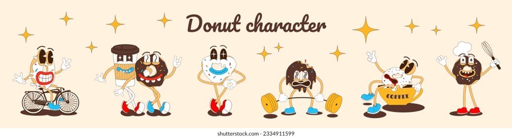 Pegatinas de dibujos animados retro de Donut. Groovy Funky Vector en un moderno estilo de dibujos animados psicodélicos retro. Gracioso donut para panadería, cafetería, restaurante.