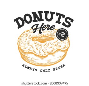 Donut Retro Emblem. Logo template with black letters and yellow donut sketch. EPS10 vector illustration.
