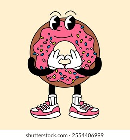 Donut retro mascot with hand and foot. Donut and Fast Food Retro vintage mascot cartoon stickers with funny comic characters and gloved hands.